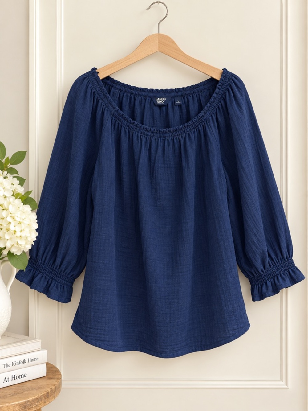 Lands’ End Navy Blue 100% Cotton Peasant Blouse Smocked Ruffle Sleeve XLP 18